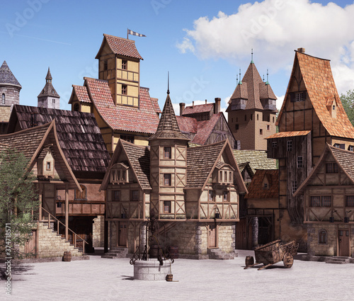 European medieval or fantasy town square on a sunny day