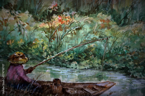 Art watercolor painting , boat , river , background from thailand