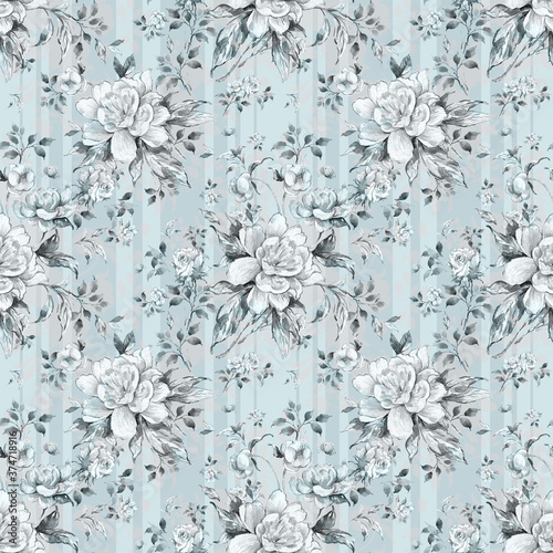  Seamless pattern lovely roses and peonies with foliage