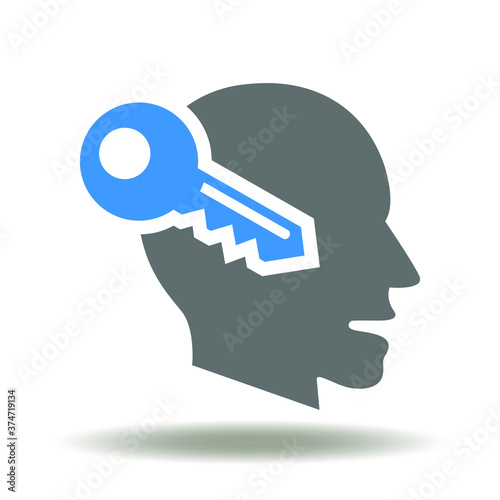 Head with key conceptual vector icon. Creativity human mind brain open symbol. Intelligence Access Sign. Inspiration Symbol.