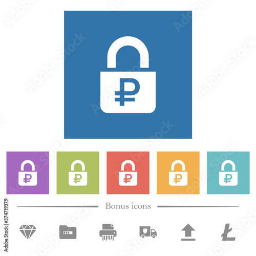 Locked Rubles flat white icons in square backgrounds