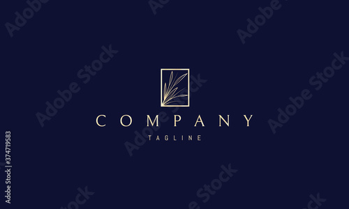 Vector golden logo on which an abstract image of farm field plants in a rectangle.