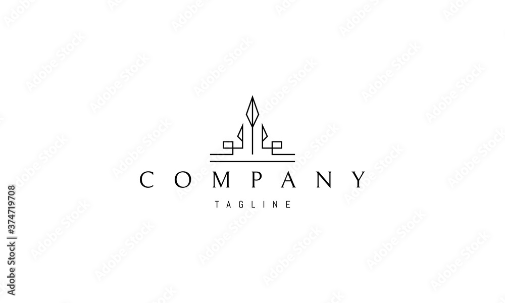 Vector logo on which an abstract image of a building with a tower in a linear style.