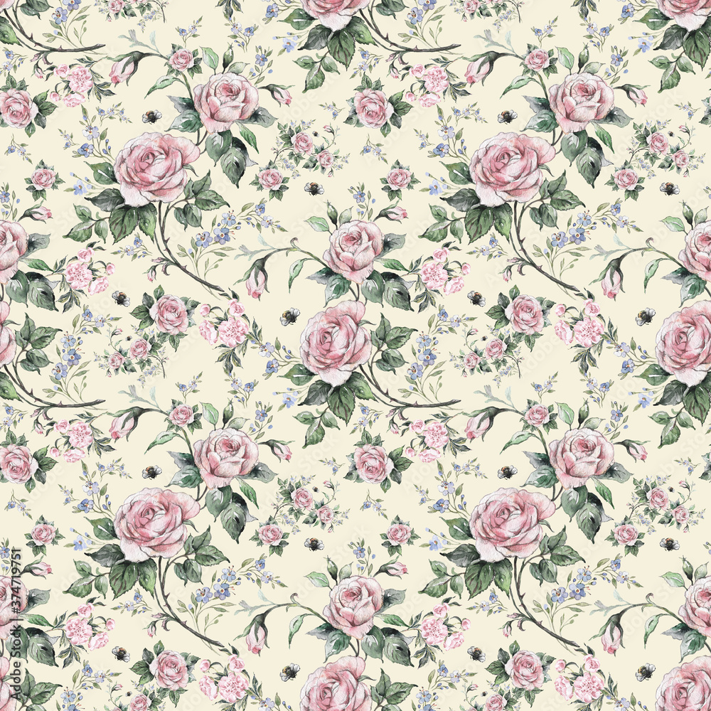 Fototapeta Seamless pattern lovely roses and peonies with foliage