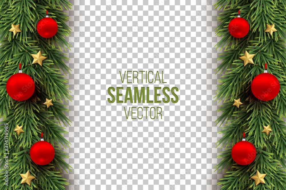 Green christmas branch with red balls, gold stars on transparent background. Fir natural vertical seamless decoration. Realistic vector merry xmas, new year traditional ornament with garland