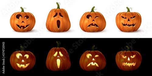 Halloween carved spooky pumpkin set. Isolated smiling, cute, funny, happy, scary, creepy faces. October holiday decoration vector illustration. Glowing with light or lantern objects