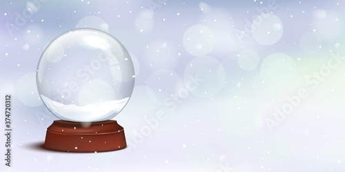 Christmas crystal snow globe with sky background. Realistic merry xmas, new year traditional glass ball with snowflakes. Magic winter vector illustration. Festive decor decoration
