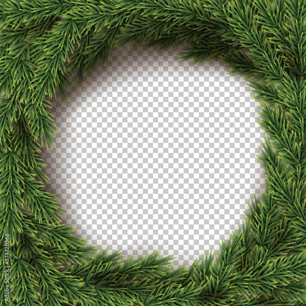 Green Christmas wreath transparent background. Holly fir natural circle decoration. Realistic merry xmas, new year traditional ornament. Round shape tree vector illustration