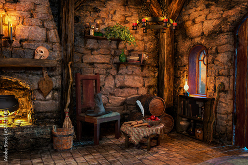 Fototapet Fantasy Witch Cottage Interior, 3D illustration, 3D rendering