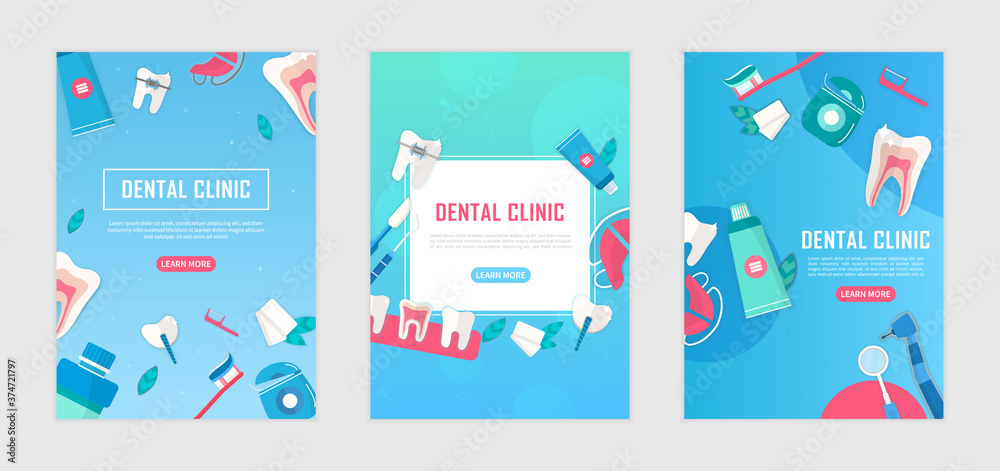 Set of 3 different dental clinic banners or poster design showing dentistry icons with text on blue backgrounds, colored vector illustration