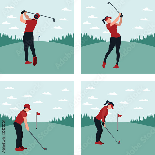 a man and woman training golf on the sunny day - colorful flat illustrations set