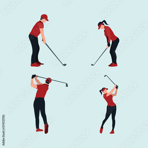 playing a golf - a man and woman swing golf stick - colorful flat illustrations set