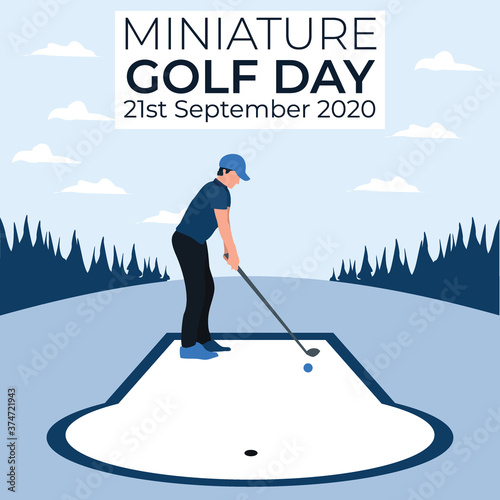 a man playing golf - miniature golf day - two tone flat illustrations 