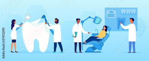 Dentistry concept with tooth treatments showing two dental assistants attending to a large tooth and a patient in a dental surgery, colored vector illustration