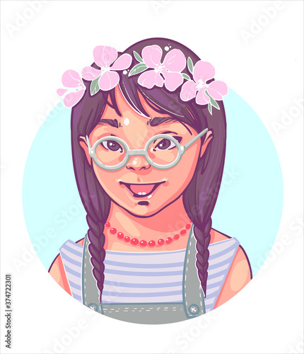 Down Syndrome. Color portrait of a girl with Down Syndrome 4-5 years old, a cute smiling girl with glasses and a wreath of white flowers on her hair. Нand drawn Vector Isolated on white background.