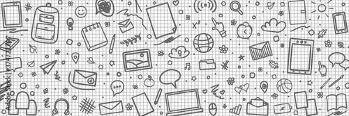 Back to school. Checkered background with hand drawn school supplies. Grid pattern