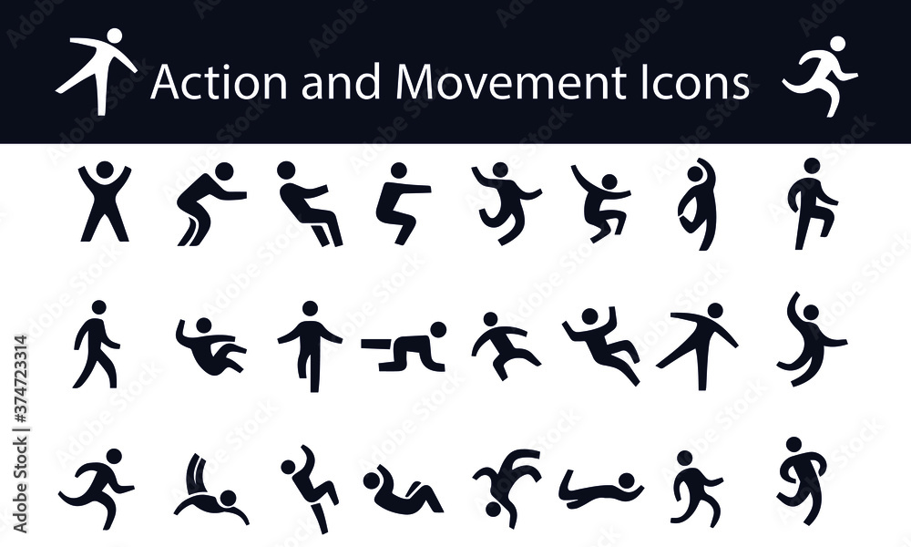  Action and Movement Icons vector design,,People figures in motion, running, walking, jumping vector black icons
