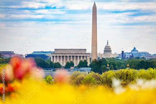 National mall Lincoln memorial Washington Monument obelisk and United States Capitol Building behind the tulips photo