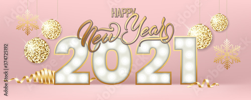 Merry Christmas and Happy New Year greeting card with lettering 2021. Holiday's Background for banner, postcard, advertising.