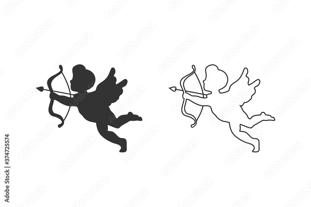 Fototapeta premium Silhouette of an angel, Cupid with a bow and arrows, isolated image. Vector illustration. Line icon set