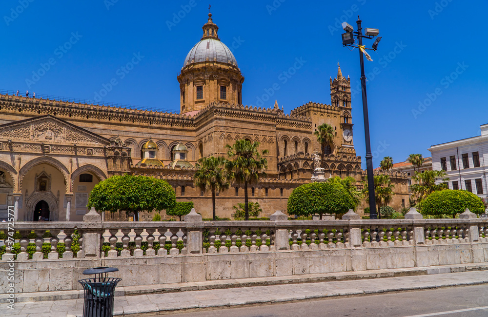 Palermo cathedral in Palermo, Sicily, Italy with trash can