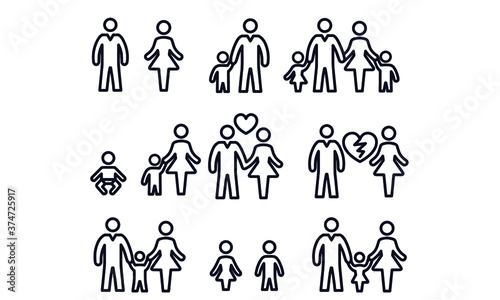 Love and family life black & white icon set 