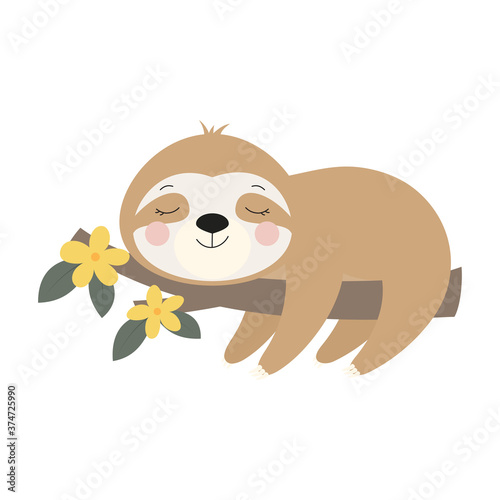 card with cute sloth on branch, vector illustration