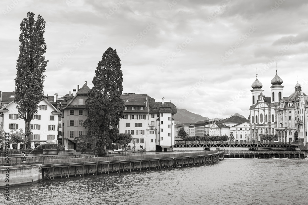 Old Lucerne view with Jesuit Church, black and white