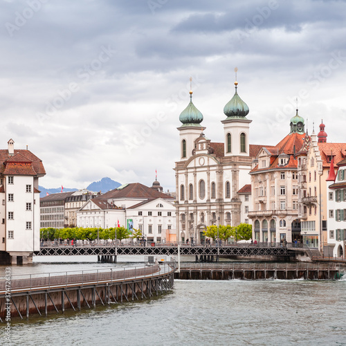 Lucerne street view with Jesuit Church on a background