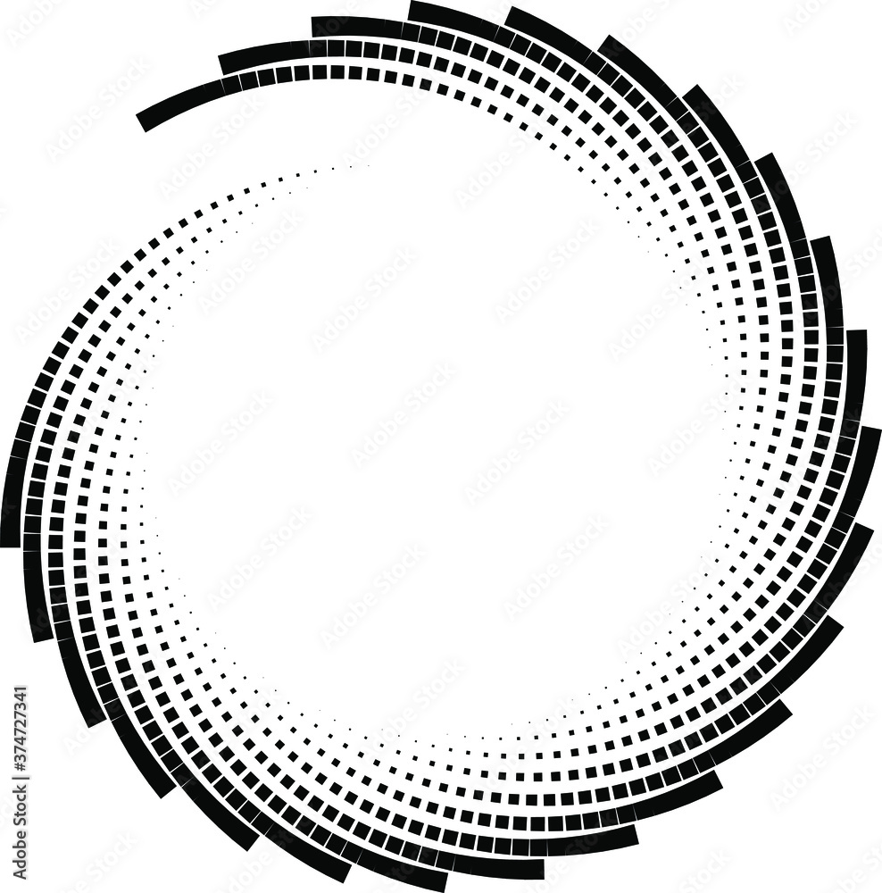 Black vortex square shapes. Geometric art. Halftone dots. Trendy design element for logo, tattoo, sign, symbol, web pages, prints, posters, template, pattern and abstract background Black vortex square shapes. Geometric art. Halftone dots. Trendy design element for logo, tattoo, sign, symbol, web pages, prints, posters, template, pattern and abstract background