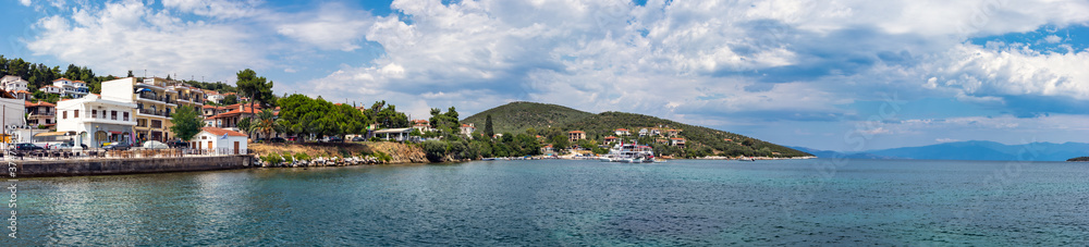 Panoramic view of a small beach and port Mitzela, Amaliapoli, Greece.