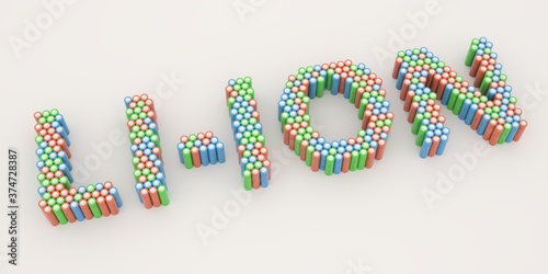 LI-ION text made with many batteries. Electrical technologies related 3d rendering