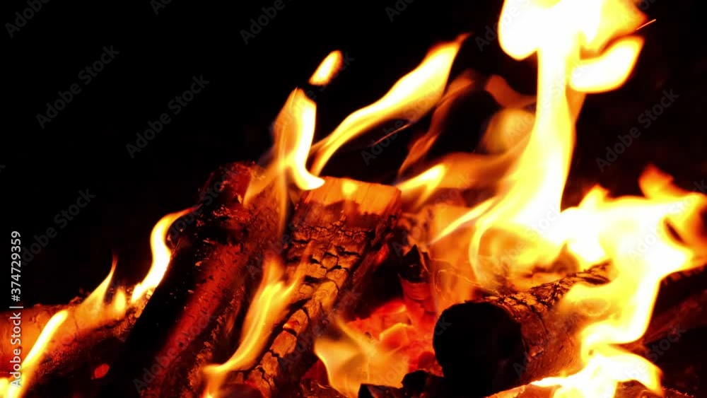 Burning wood in the fire, a fire at night in the camp.Flames close up, hot coals of burned wood.