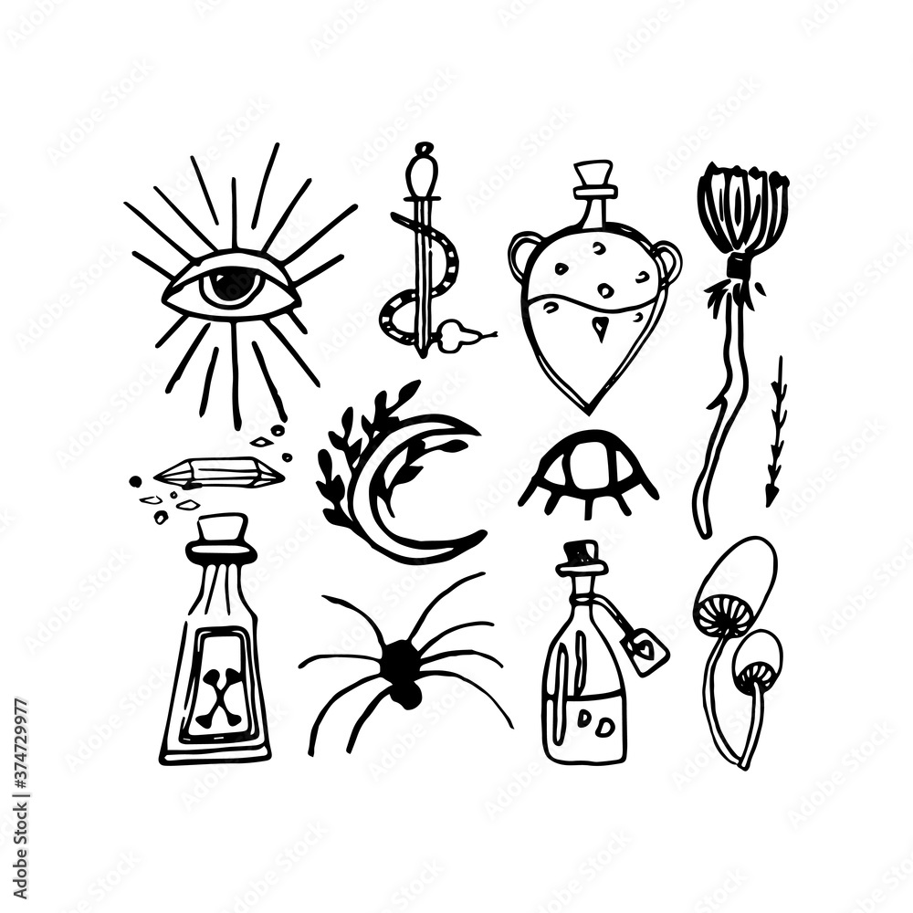 Big set doodle vector elements about esotericist and magic. Hand drawn ...