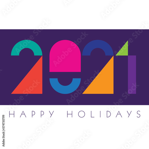 2021 Seasons Greetings. Very colorful, dynamic,  modern, design on purple background. 