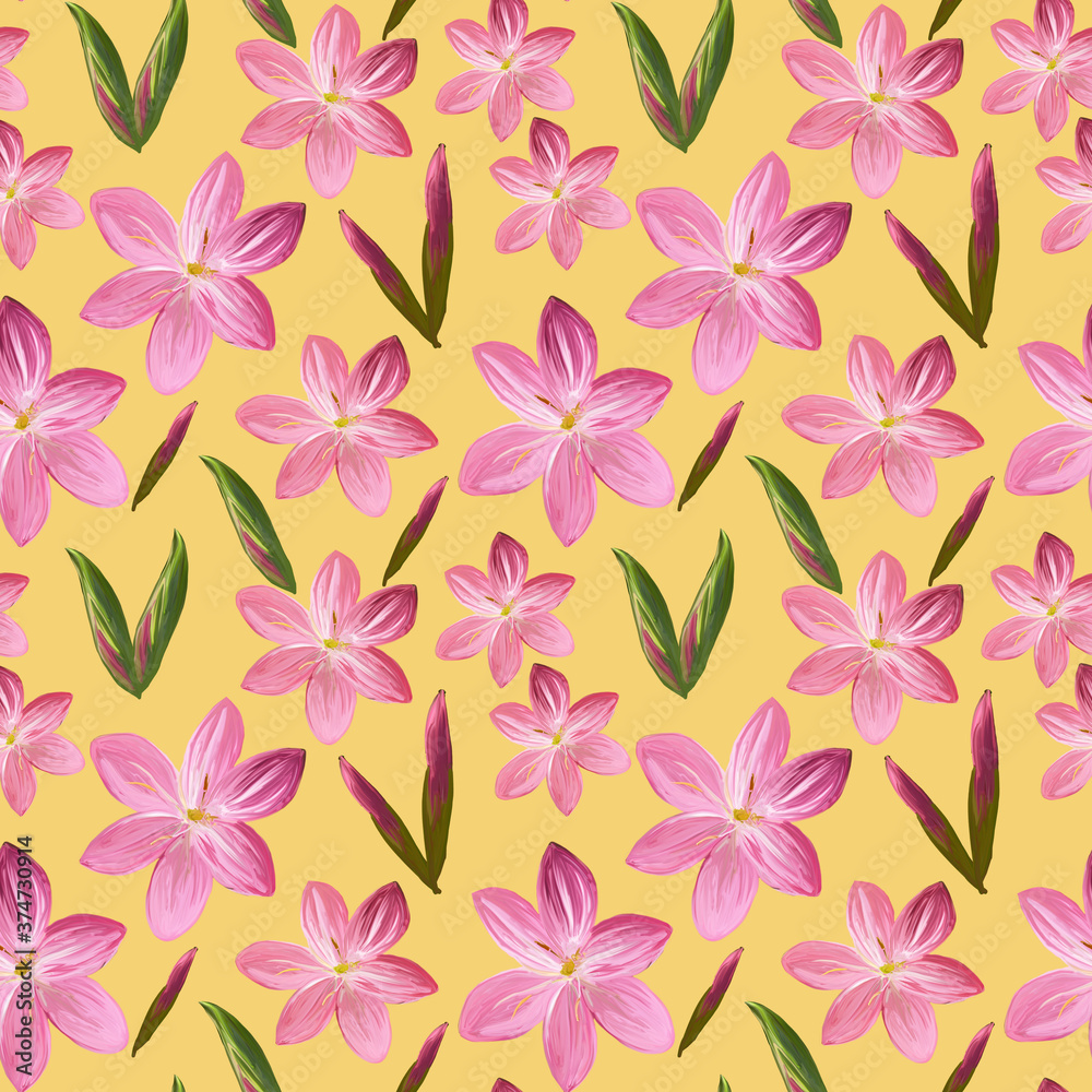 Floral seamless pattern made of flowers Acrilic painting with pink flower buds on yellow background. Botanical illustration for fabric and textile, packaging, wallpaper.