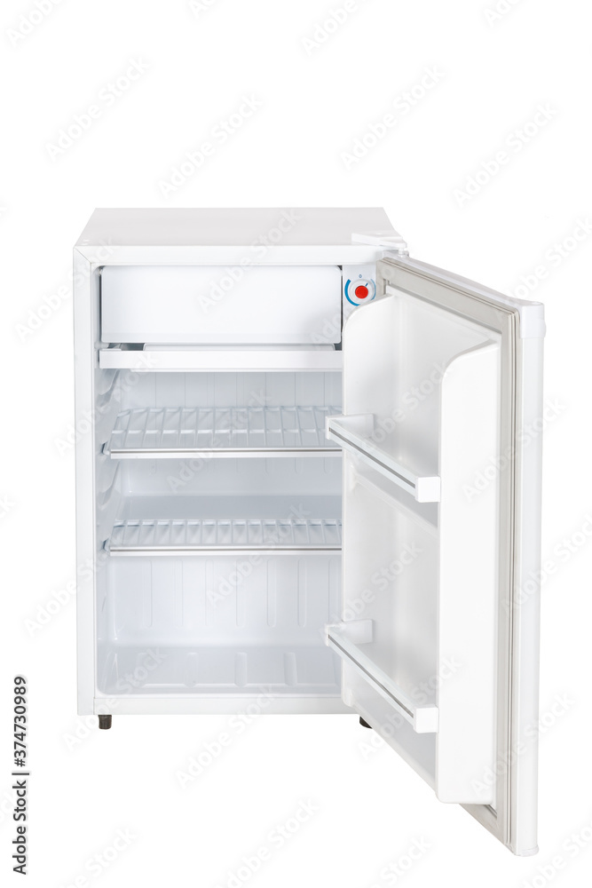 Open an empty mini fridge Refrigerator Isolated on White Background. Modern Kitchen and Domestic Major Appliances. Open an empty mini fridge Refrigerator Isolated on White Background. Modern Kitchen and Domestic Major Appliances.