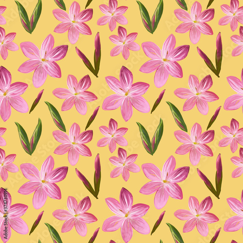 Floral seamless pattern made of flowers Acrilic painting with pink flower buds on yellow background. Botanical illustration for fabric and textile  packaging  wallpaper.