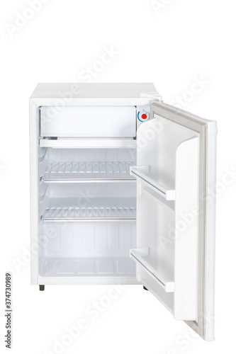 Open an empty mini fridge Refrigerator Isolated on White Background. Modern Kitchen and Domestic Major Appliances.