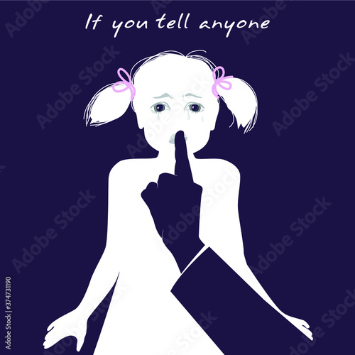 Unhappy scared little girl. Her eyes filled with tears. Man’s hand covers her mouth. Stop abuse and violence against children concept. Vector Illustration.