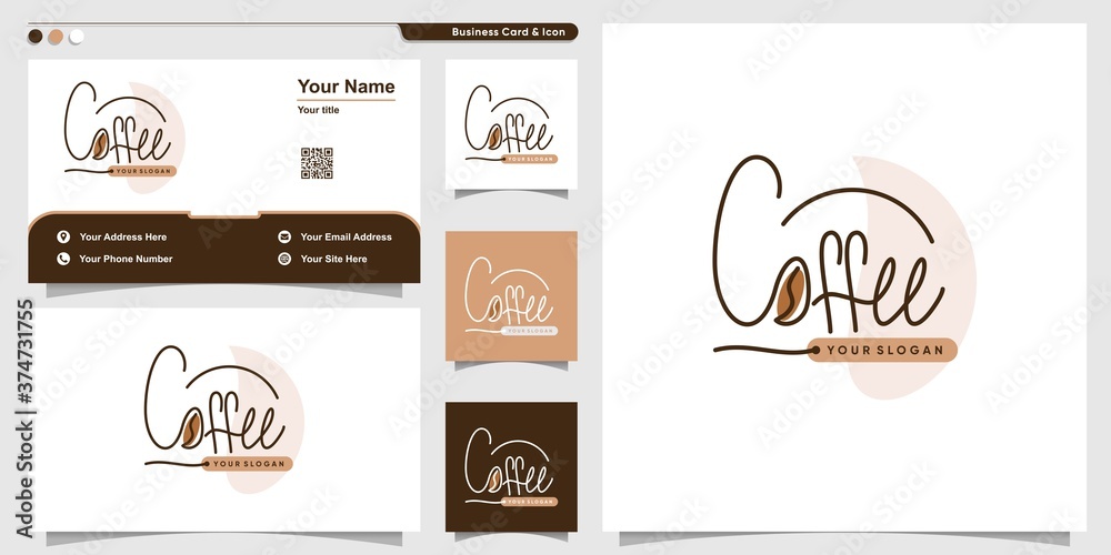Coffee logo with handwriting line art style and business card design template Premium Vector