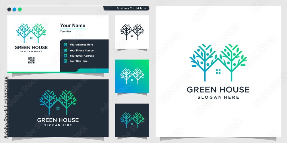 House logo with green nature style and business card design, tree, leaf, logo, Premium Vector