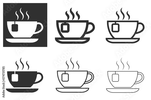 Hot mug icon with tea bags. Vector illustration of a mug. Tea icon isolated on white and dark background. Lunch icon. Mug icon flat design.