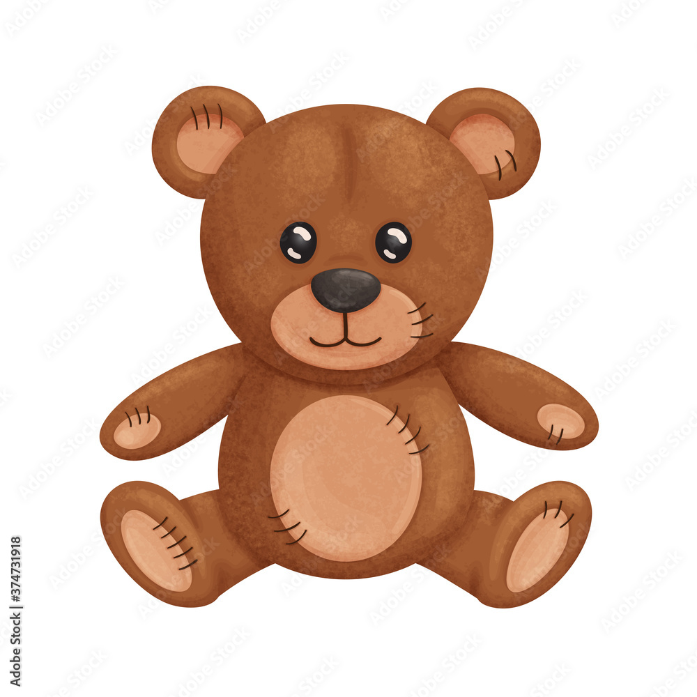 Illustration of a  funny cartoon Teddy Bear toy with texture shadows. On white backgroud