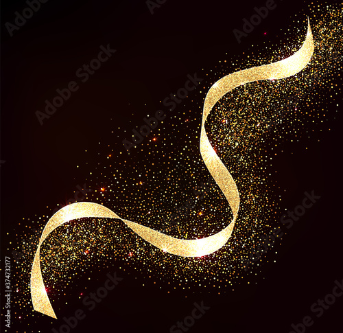 Abstract Gold Strip Design. Shiny golden moving ribbon design element with glitter effect on dark background for Business card. Vector Illustration