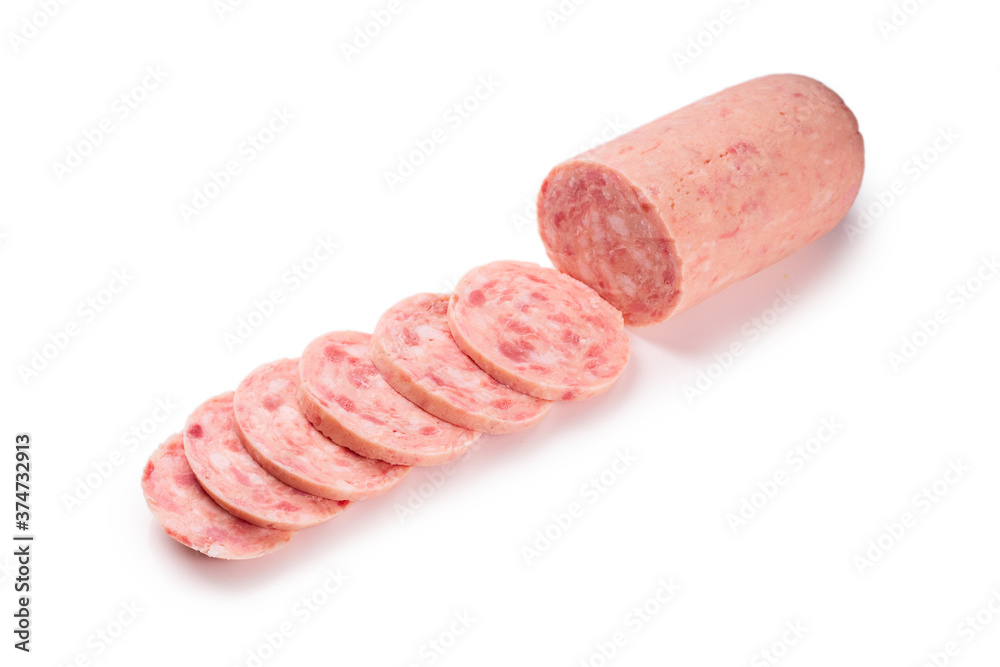 Boiled sausage isolated on white background. Slices. Boiled sausage isolated on white background. Slices.