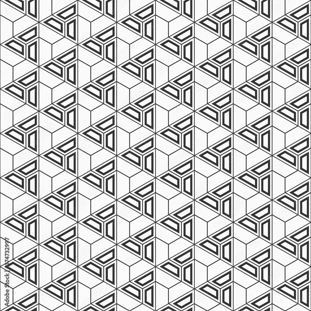 Abstract seamless pattern. Modern stylish texture. Linear trellis. Geometric tiles with triple hexagonal elements, triangles. Filled shapes. Vector monochrome background.