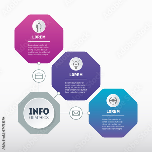 Vector infographic of technological or education process of 3 parts. Part of the report with icons set. A quarter of a circle. Template of chart or presentation consisting of octagons.
