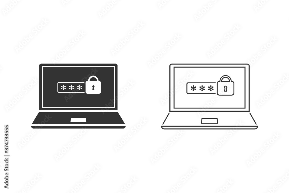 Laptop with password notification and lock line icon set isolated. Concept of security, personal access, user authorization, login form. Vector Illustration Laptop with password notification and lock line icon set isolated. Concept of security, personal access, user authorization, login form. Vector Illustration