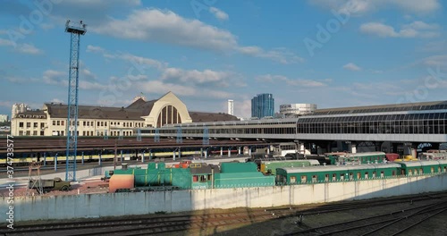 Cinema 4K Timelapse Railway traffic at Kyiv-Pasazhyrskyi railway station in Kyiv city, capital of Ukraine photo